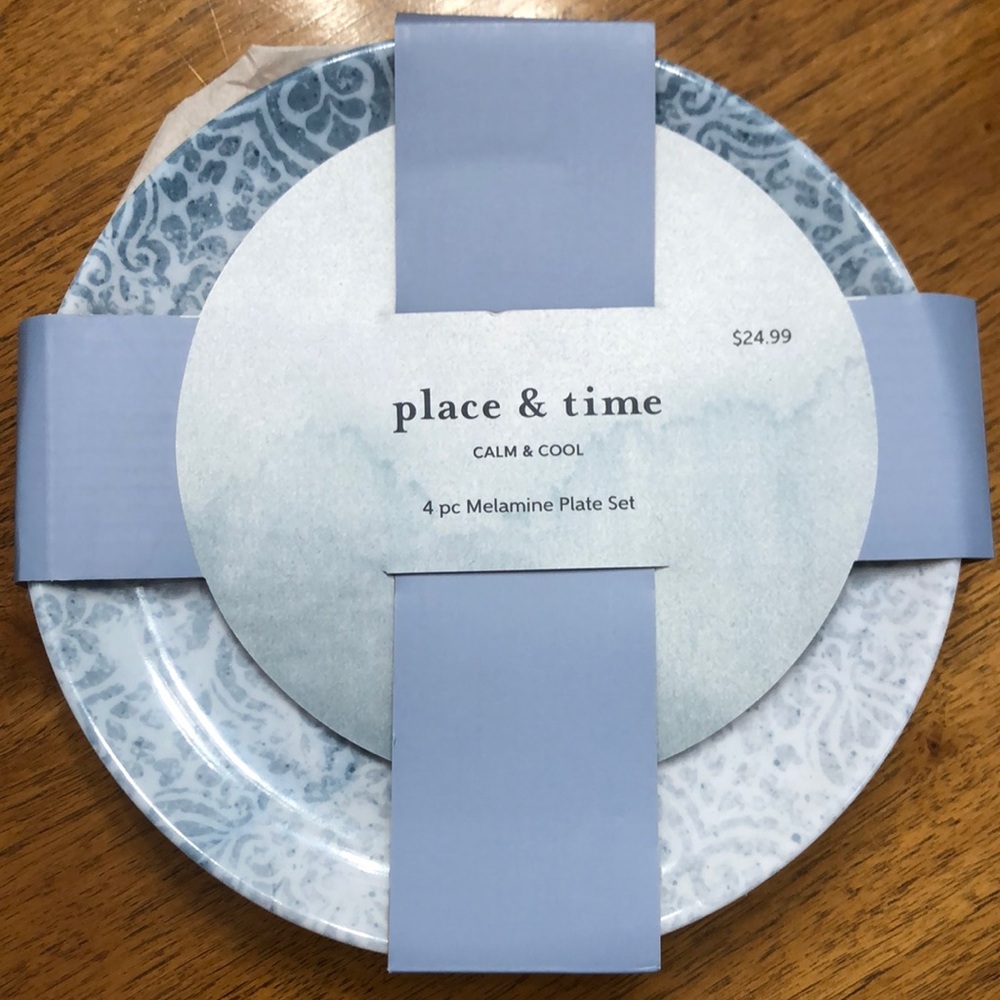Place & Time calm & cool 4 pc NEW Melamine 8” plate set